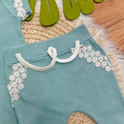 Conj. de Malha 3 peças - Flores com Plantinhas e Rendas - Verde Menta e Off White